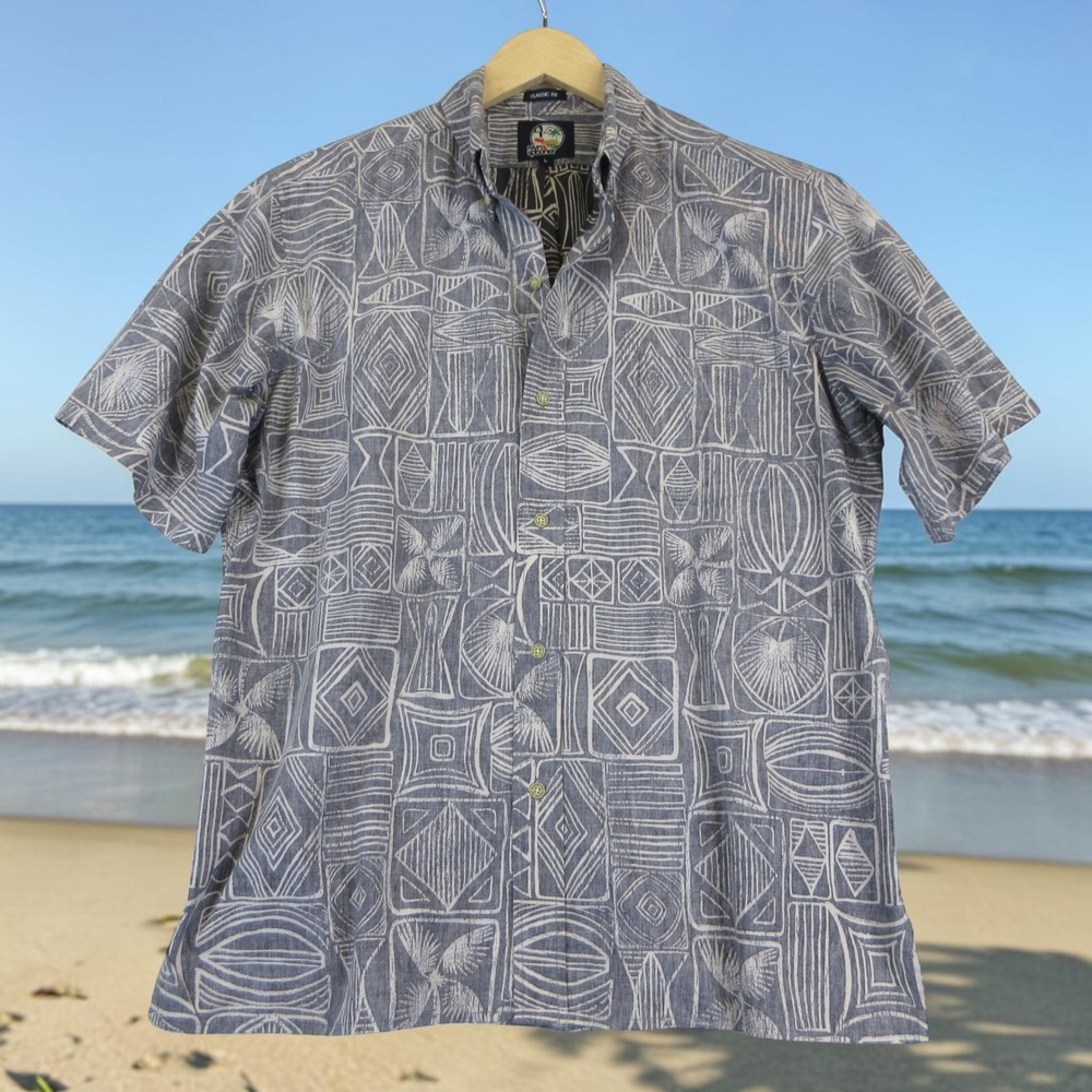 Reyn Spooner Hawaiian Aloha Shirt Mens L Grey Tribal Print Button Down Classic